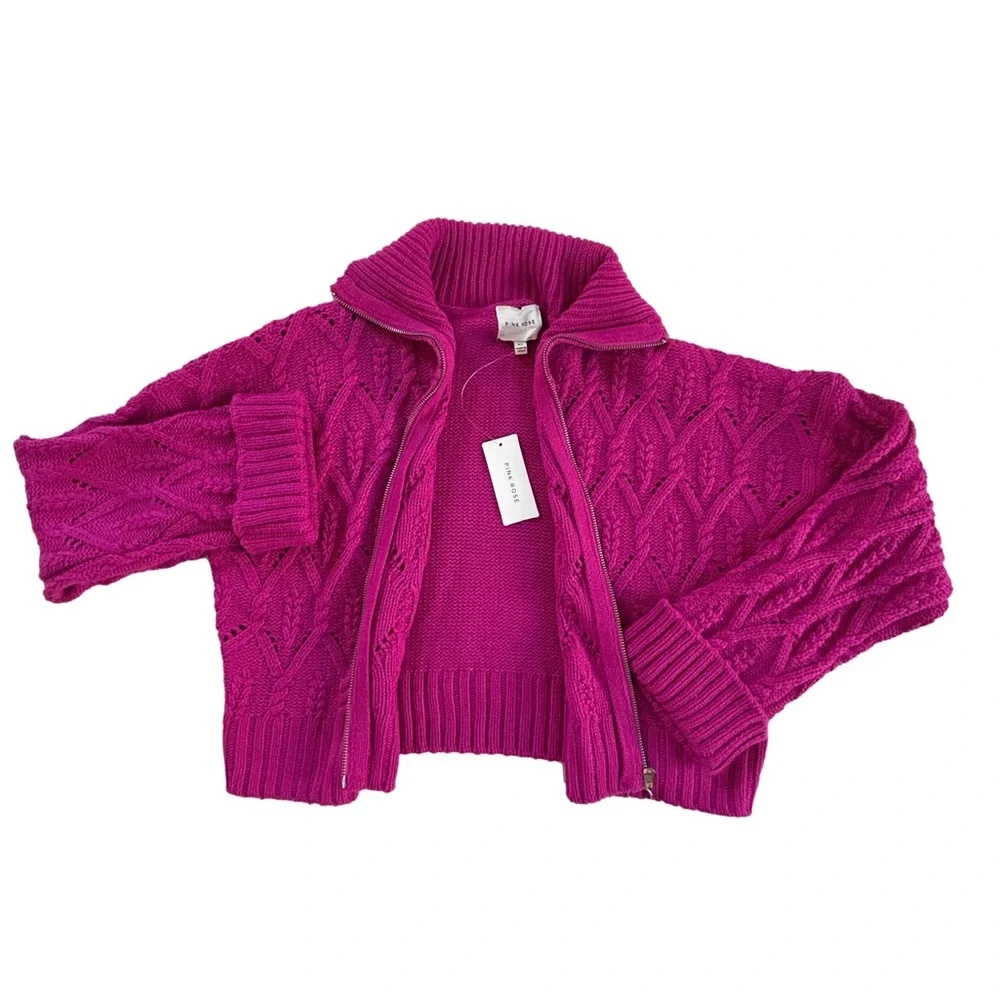 Pink Rose soft cozy fuchsia Barbiecore oversized cable knit zip sweater NWT XL - Picture 2 of 8